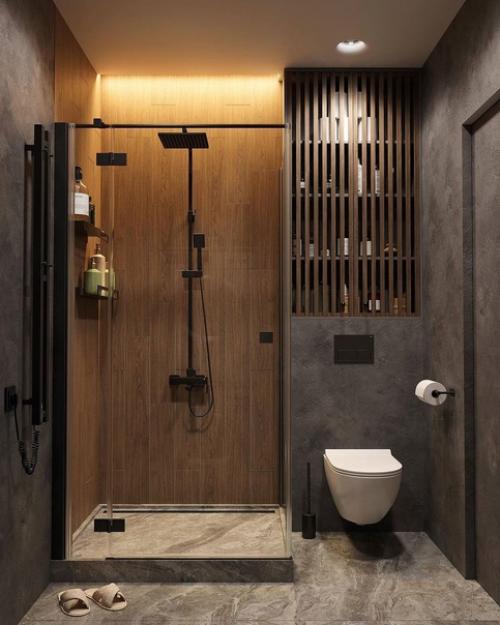 Интерьер ванной комнаты в тёмных оттенках. 04