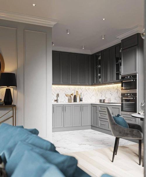 Обеденная зона и кухня с преобладанием серых оттенков. 02