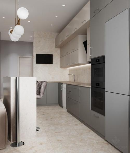 Квартира с нестандартной планировкой, где мы спроектировали объединенное пространство кухни - гостиной и две приватные комнаты. 05