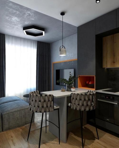 Небольшая, но очень стильная кухня - гостиная, прекрасный вариант для маленькой квартиры. 03