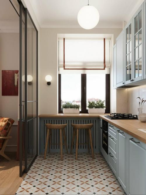 Проект квартиры.  Сначала заказчица мечтала о белой кухне - классической, лёгкой и универсальной. 09