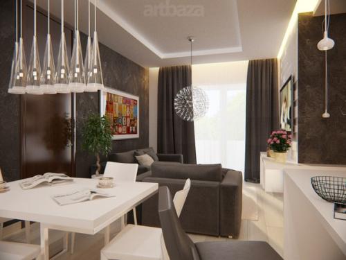 Элегантная гостиная, совмещенная с кухней, оформлена в стиле минимализм и включает все необходимое для комфорта. 08