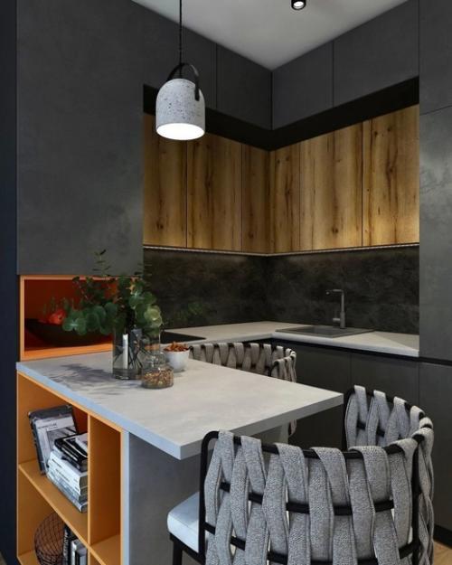 Небольшая, но очень стильная кухня - гостиная, прекрасный вариант для маленькой квартиры. 02