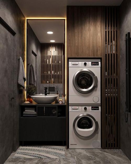 Интерьер ванной комнаты в тёмных оттенках. 01