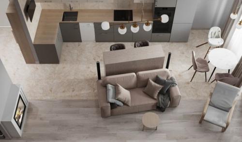 Квартира с нестандартной планировкой, где мы спроектировали объединенное пространство кухни - гостиной и две приватные комнаты. 02