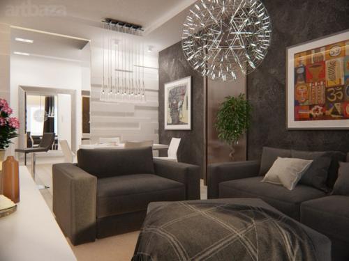 Элегантная гостиная, совмещенная с кухней, оформлена в стиле минимализм и включает все необходимое для комфорта. 07