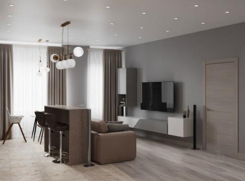 Квартира с нестандартной планировкой, где мы спроектировали объединенное пространство кухни - гостиной и две приватные комнаты. 03