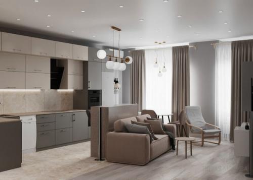 Квартира с нестандартной планировкой, где мы спроектировали объединенное пространство кухни - гостиной и две приватные комнаты. 01