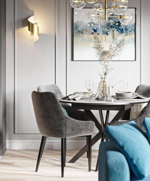 Обеденная зона и кухня с преобладанием серых оттенков. 01