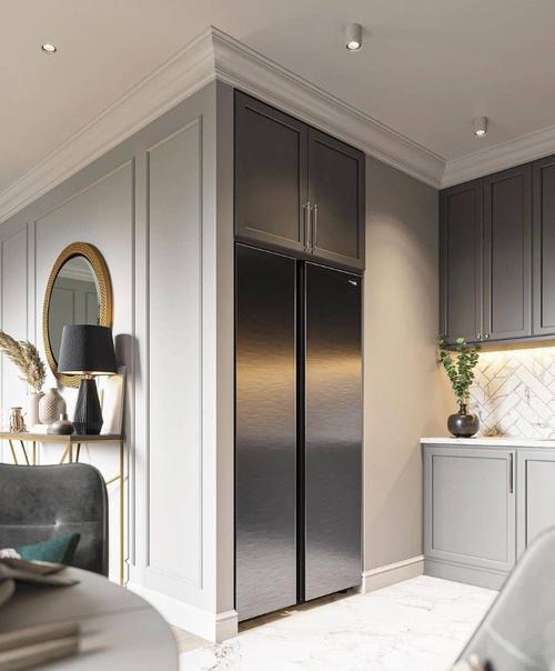 Обеденная зона и кухня с преобладанием серых оттенков. 05