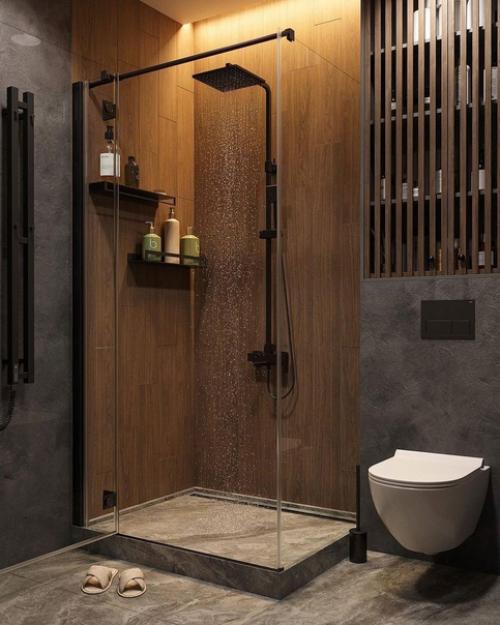 Интерьер ванной комнаты в тёмных оттенках. 02