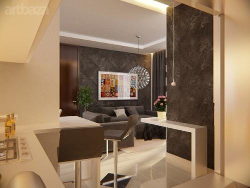 Элегантная гостиная, совмещенная с кухней, оформлена в стиле минимализм и включает все необходимое для комфорта. 01