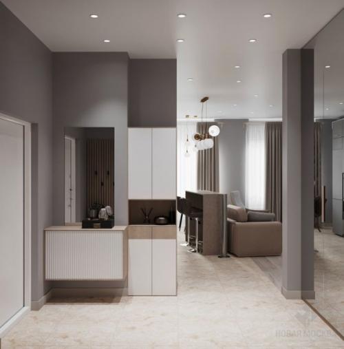 Квартира с нестандартной планировкой, где мы спроектировали объединенное пространство кухни - гостиной и две приватные комнаты. 06