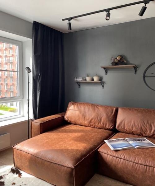 Современный, брутальный интерьер кухни - гостиной в квартире молодого холостяка. 03