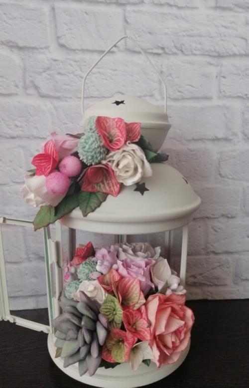 Цветочная композиция в икеевском подсвечнике с розами и гортензией из фоамирана и брунией из полимерной глины (повтор заказа.