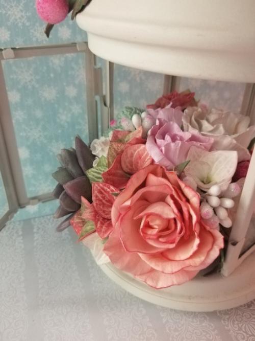 Цветочная композиция в икеевском подсвечнике с розами и гортензией из фоамирана и брунией из полимерной глины (повтор заказа. 03