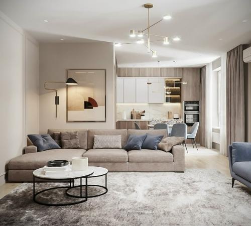 Светлая кухня - гостиная - пример продуманного и рационального дизайна, где каждый квадратный метр работает на комфорт и эстетику. 01