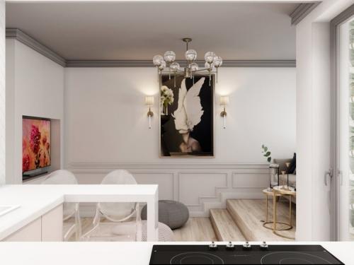 Интерьер небольшой квартиры с выдвижной кроватью в подиуме, площадь проекта 24 м (с балконом - 27 м). 02