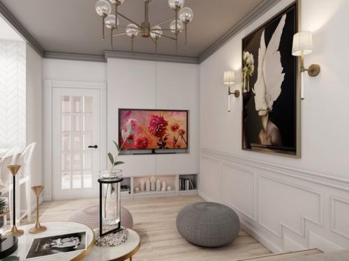 Интерьер небольшой квартиры с выдвижной кроватью в подиуме, площадь проекта 24 м (с балконом - 27 м). 03