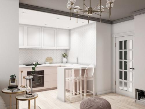 Интерьер небольшой квартиры с выдвижной кроватью в подиуме, площадь проекта 24 м (с балконом - 27 м). 01