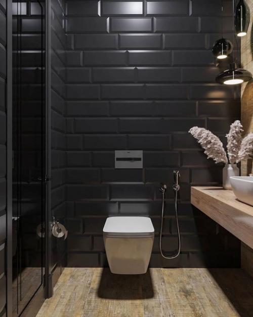 Дизайн санузла в тёмных цветах.