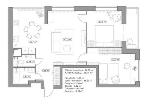 Трехкомнатная квартира площадью 83 кв. 09