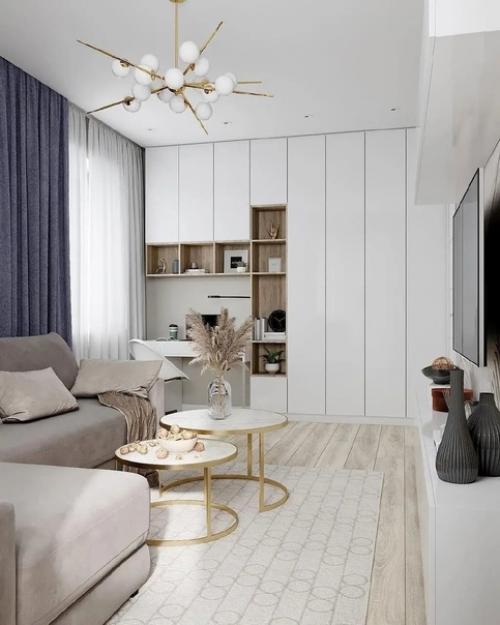 Дизайн интерьера гостиной с рабочей зоной. 05