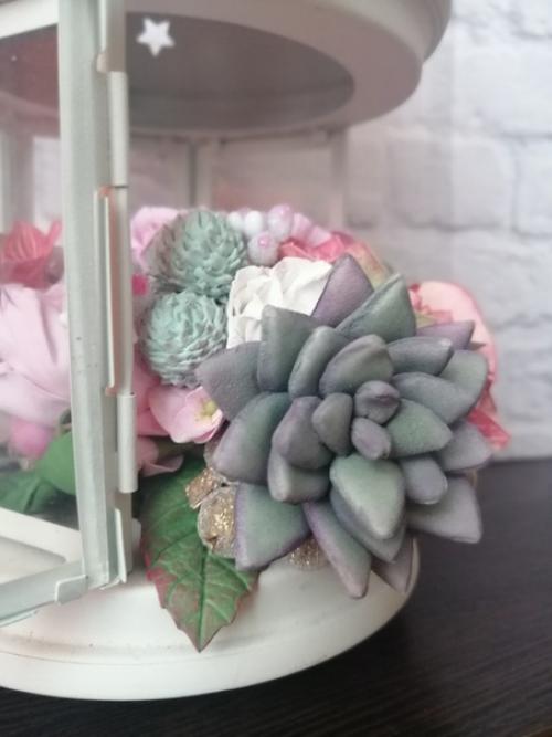 Цветочная композиция в икеевском подсвечнике с розами и гортензией из фоамирана и брунией из полимерной глины (повтор заказа. 02