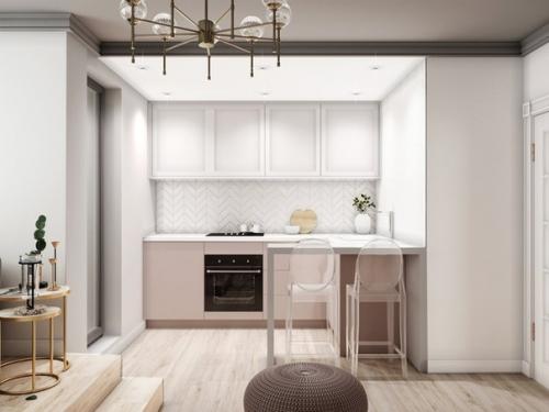 Интерьер небольшой квартиры с выдвижной кроватью в подиуме, площадь проекта 24 м (с балконом - 27 м).