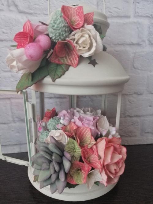 Цветочная композиция в икеевском подсвечнике с розами и гортензией из фоамирана и брунией из полимерной глины (повтор заказа. 01