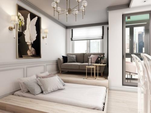 Интерьер небольшой квартиры с выдвижной кроватью в подиуме, площадь проекта 24 м (с балконом - 27 м). 05