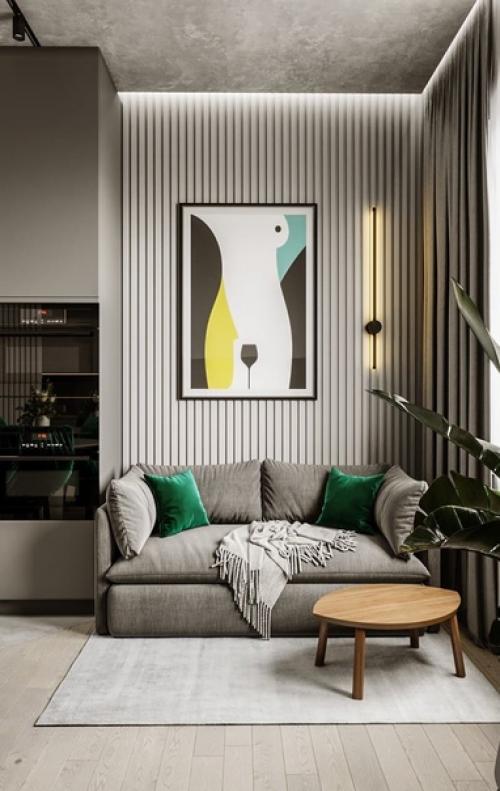 Красивый, современный интерьер кухни - гостиной в квартире молодой семейной пары. 01