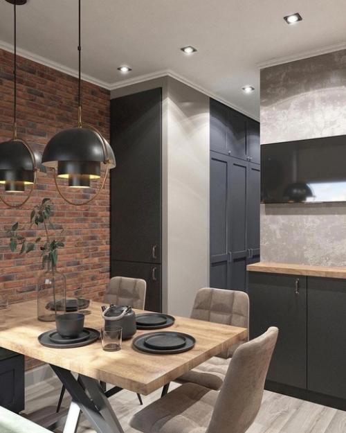 Интерьер кухни и прихожей с элементами лофт. 04