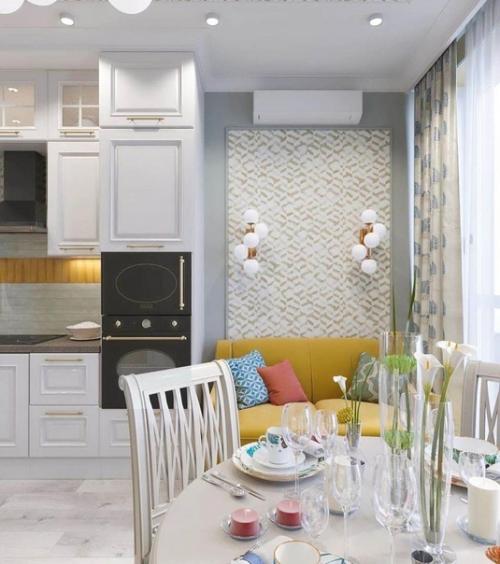 Интерьер кухни - гостиной в нейтральных тонах. 01