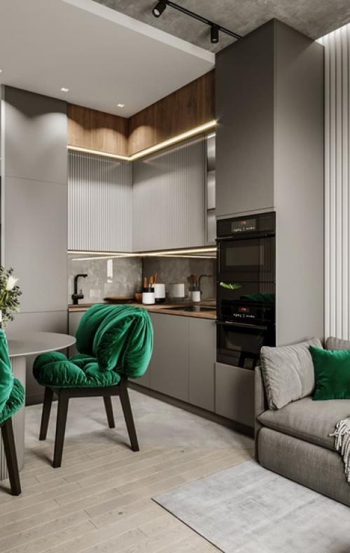 Красивый, современный интерьер кухни - гостиной в квартире молодой семейной пары. 05