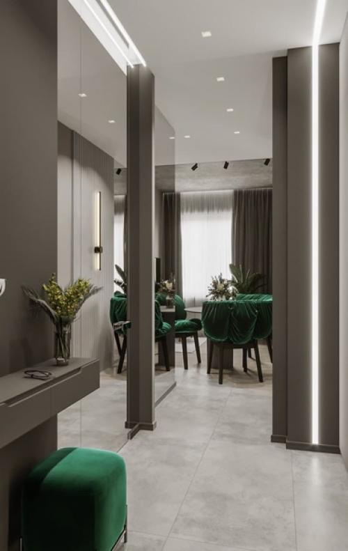 Красивый, современный интерьер кухни - гостиной в квартире молодой семейной пары. 04