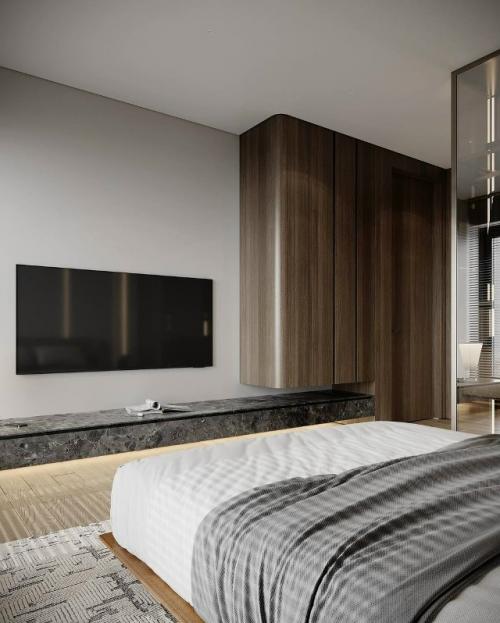 Спальня для молодого человека в проекте Young Sun включает в себя гардеробную и ванную комнаты. 01