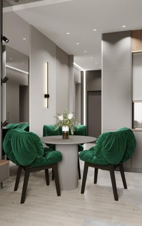 Красивый, современный интерьер кухни - гостиной в квартире молодой семейной пары. 03