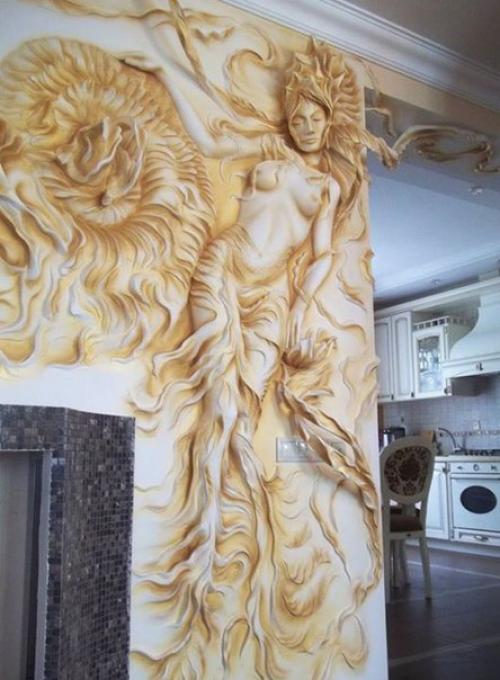 Барельефы и рельефные настенное панно в интерьере помещений квартиры или загородного дома. 07