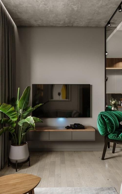 Красивый, современный интерьер кухни - гостиной в квартире молодой семейной пары. 02