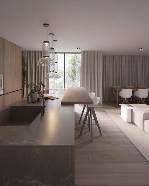 Ощутите спокойное очарование мягких и сдержанных оттенков в проекте дизайна интерьера кухни гостиной в частном доме. 01