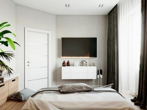 Современный интерьер спальни с кроватью на подиуме с множеством мест хранения. 04
