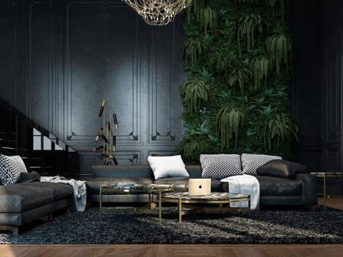 Элегантные апартаменты с синими элементами интерьера.