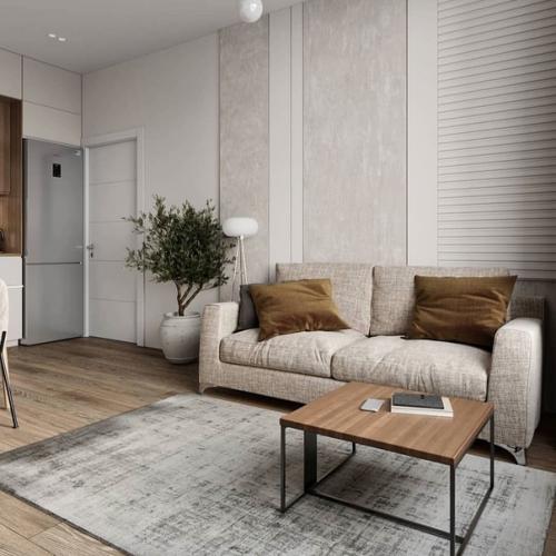 При оформлении интерьера этой кухни - гостиной площадью 17 кв. 01