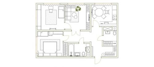 Пример удачного размещения трех комнат в двухкомнатной квартире: гостиной, спальни и детской. 09