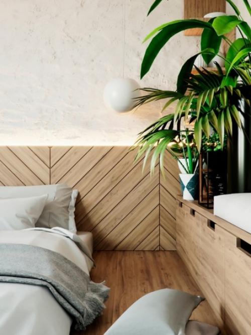 Современный интерьер спальни с кроватью на подиуме с множеством мест хранения. 02