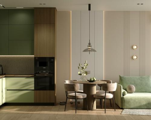 Проект 1-комнатной квартиры 45, 8 м 2. кухня - гостиная + спальня с гардеробной и рабочим местом.  