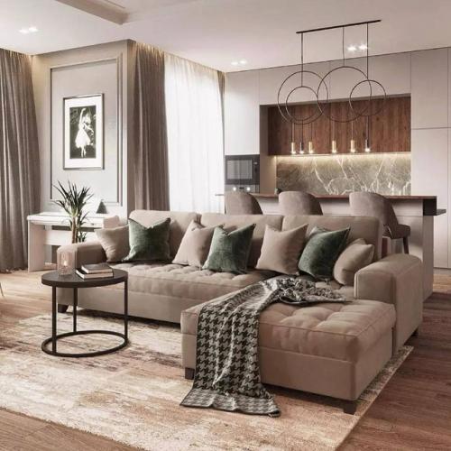 Современная классика с акцентными цветами и материалами в интерьере кухни - гостиной площадью 26 м. 04