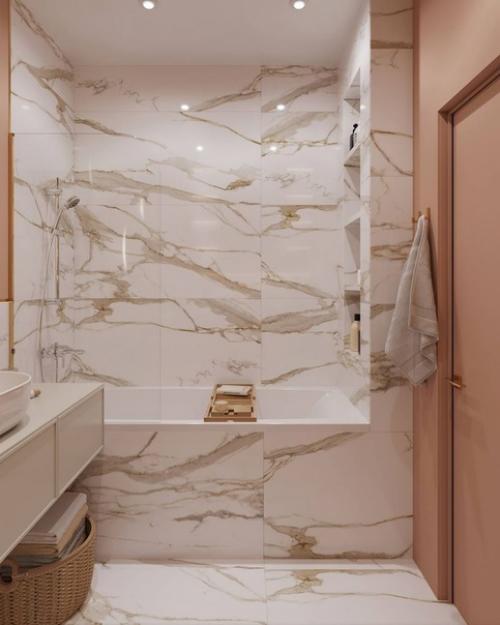 Современный монохромный интерьер совмещенного санузла в квартире молодой женщины. 01