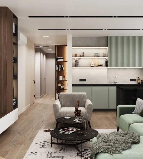 Дизайн интерьера уютной и функциональной кухни - гостиной площадью 34, 6 кв. 01